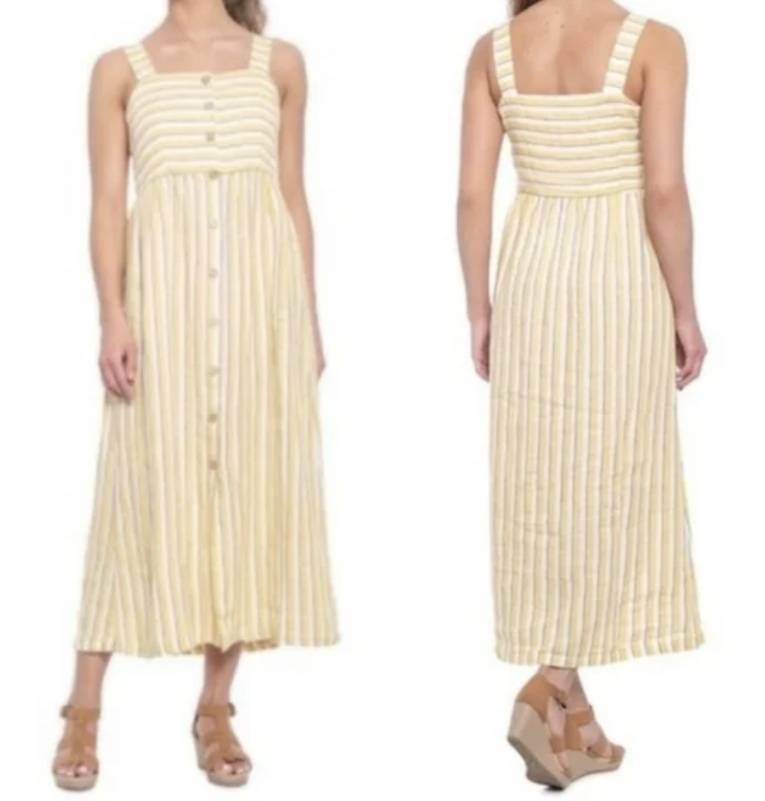 Rachel Zoe Dress Yellow Cream Stripe Smocked Midi Wmns 10 100% Linen Boho Chic